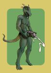  absurd_res anthro balls bodily_fluids cum ejaculation genital_fluids genitals green_body green_skin hi_res holding_balls horn kartavipirate male masturbation penis reptile scalie simple_background snake solo tongue tongue_out yellow_eyes 