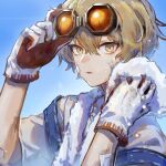  1boy bandaid bandaid_on_face blonde_hair blue_sky gloves goggles goggles_on_head highres limbus_company looking_at_viewer male_focus naked_towel overalls portrait project_moon shiqicheng shirt short_sleeves sinclair_(limbus_company) sky solo towel white_gloves white_shirt yellow_eyes 