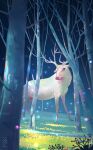  1other ambiguous_gender animal animal_focus bare_tree commentary deer english_commentary fireflies forest highres leaf looking_at_another mina_fz. nature original outdoors oversized_animal plant red_eyes tree watermark white_fur 