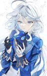  ahoge arubi_222 ascot asymmetrical_gloves black_gloves blue_ascot blue_bow blue_brooch blue_eyes blue_gemstone blue_hair blue_jacket bow chess_piece crying crying_with_eyes_open curly_hair drop-shaped_pupils floating floating_object furina_(genshin_impact) furrowed_brow gem genshin_impact gloves hair_between_eyes hands_up heterochromia highres jacket lapels light_blue_hair long_hair long_sleeves looking_at_object mismatched_gloves multicolored_hair open_clothes open_jacket parted_lips sad simple_background solo streaked_hair swept_bangs symbol-shaped_pupils tears two-tone_hair upper_body very_long_hair waist_bow water_drop wavy_hair white_background white_gloves white_hair 