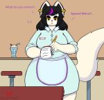  absurd_res anthro big_breasts breasts catti_(deltarune) clothed clothing dangermons deltarune dialogue digital_media_(artwork) ear_piercing ear_ring female fur hair hi_res piercing restaurant ring_piercing solo undertale_(series) white_body white_fur yellow_sclera 