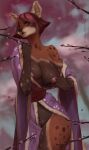  ailurid anthro asian_clothing big_breasts breasts brown_body brown_fur cherry_blossom cherry_tree clitoris clothing east_asian_clothing female fruit_tree fur genitals hair japanese_clothing juicygrape kimono mammal nipple_piercing nipples petals piercing pink_hair plant pussy red_panda solo tongue tongue_out tree 