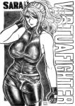  1girl belt breasts character_name commentary_request copyright_name covered_nipples cowboy_shot fingerless_gloves gloves greyscale hand_in_own_hair large_breasts long_hair midriff_peek monochrome ponytail sarah_bryant shirt signature skidrow sleeveless sleeveless_shirt solo tight_clothes virtua_fighter 