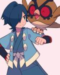  1boy black_wristband blue_eyes blue_hair blue_jacket blue_kimono clenched_hand falkner_(pokemon) hair_over_one_eye haori highres hoothoot jacket japanese_clothes kimono looking_to_the_side male_focus open_clothes open_jacket pokemon pokemon_(creature) pokemon_(game) pokemon_hgss pokemon_on_arm sash short_hair short_sleeves simple_background tyako_089 wristband 