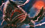  animal_ears bearluxe body_fur claws colored_sclera electricity horns monster_hunter:_world monster_hunter_(series) moon no_humans red_moon scales scenery sharp_teeth tail teeth wolf zinogre 