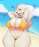  &lt;3 2023 anthro beach berkthejerk big_breasts bikini black_sclera blue_eyes breasts clothing cloud female generation_5_pokemon hi_res legendary_pokemon nintendo open_mouth outside pokemon pokemon_(species) reshiram sand seaside solo swimwear thick_thighs tongue water 