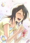  1girl absurdres black_hair bleach bubble closed_eyes collarbone dress drinking_straw hair_between_eyes highres holding holding_drinking_straw jcell juice juice_box kuchiki_rukia long_bangs open_mouth short_sleeves solo teeth upper_body yellow_dress 