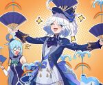  2girls :d ^_^ aqua_(konosuba) aqua_hair bare_shoulders closed_eyes crossover crying detached_sleeves dylanlin eyelashes folding_fan furina_(genshin_impact) genshin_impact hair_over_one_eye hair_rings hand_fan holding holding_fan kono_subarashii_sekai_ni_shukufuku_wo! multicolored_hair multiple_girls o_o open_mouth orange_background rainbow short_hair single_hair_ring smile tears trait_connection two-tone_hair water 