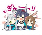  &gt;_&lt; 3girls :x amiya_(arknights) animal_ears arknights ascot black_hair blaze_(arknights) blue_ascot blush brown_hair cat_ears cat_girl cat_tail closed_mouth commentary_request dot_mouth fang grey_hair hairband heart itsuki_02 long_hair multiple_girls open_mouth rabbit_ears rabbit_girl red_hairband rosmontis_(arknights) tail 