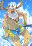  anthro antlers blue_eyes blush bottomwear brown_body brown_fur clothed clothing deer fur hi_res horn kusarikakemono lifewonders male mammal new_world_deer reindeer shorts smile solo swim_ring swimwear tokyo_afterschool_summoners topless water yule_(tas) 