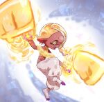  1girl baggy_pants blonde_hair clenched_hand commentary_request dark-skinned_female dark_skin fangs frye_(splatoon) highres open_mouth pants plum0o0 shawl short_hair socks solo splatoon_(series) splatoon_3 star-shaped_pupils star_(symbol) symbol-shaped_pupils triple_splashdown_(splatoon) white_pants white_socks yellow_eyes yellow_shawl 