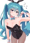  1girl ? absurdres animal_ears black_corset black_pantyhose blue_bow blue_bowtie blue_eyes blue_hair bow bowtie breasts bunny_day commentary corset enipa_28 fake_animal_ears hatsune_miku highres leaning_forward long_hair looking_at_viewer pantyhose playboy_bunny smug very_long_hair vocaloid white_background 