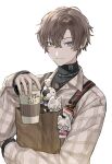  1boy :3 alban_knox alban_knox_(2nd_costume) animalization bag black_shirt brown_hair brown_shirt cat chain_necklace character_name closed_mouth coffee_cup collared_shirt commentary crossed_bangs cup disposable_cup ear_piercing earrings english_commentary fulgur_ovid fulgur_ovid_(2nd_costume) goocha_(goocha_niji) green_eyes grey_eyes hair_between_eyes hand_up heterochromia highres holding holding_bag holding_cup jewelry long_sleeves looking_at_viewer male_focus name_tag necklace nijisanji nijisanji_en official_alternate_costume paper_bag parted_bangs piercing plaid plaid_shirt shirt short_hair simple_background sleeves_past_wrists smile smirk sonny_brisko sonny_brisko_(2nd_costume) stud_earrings takaradachi_(alban_knox) turtleneck uki_violeta uki_violeta_(2nd_costume) upper_body virtual_youtuber white_background 