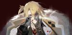  1boy absurdres black_gloves blonde_hair blood blood_on_face chest_tattoo coat coat_on_shoulders gloves grin gun highres holding holding_gun holding_weapon long_sleeves luca_kaneshiro luca_kaneshiro_(1st_costume) male_focus nijisanji nijisanji_en owls_(owls_0409) purple_eyes short_sidetail smile solo striped_suit suit tattoo virtual_youtuber weapon 