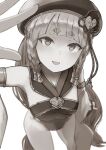  1girl bare_shoulders beret blunt_bangs blush braid breasts detached_sleeves erune eyeliner granblue_fantasy greyscale hat highres leotard long_hair looking_at_viewer makeup monochrome multiple_braids nosuku open_mouth pholia short_eyebrows side_braids small_breasts smile solo thighs very_long_hair wide_sleeves 