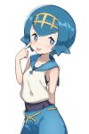  1girl absurdres blue_eyes blue_hair blush bob_cut bright_pupils covered_navel finger_to_face freckles gazacy_(dai) highres lana_(pokemon) pokemon pokemon_(game) pokemon_sm sailor_collar short_hair simple_background smile solo swimsuit swimsuit_under_clothes tiara tongue tongue_out white_background white_pupils 