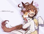  1girl agnes_tachyon_(umamusume) ahoge animal_ears animal_on_shoulder beamed_eighth_notes brown_eyes brown_hair commentary_request earrings eighth_note fangs guinea_pig hair_between_eyes holding holding_pointer horse_ears horse_girl horse_tail huge_ahoge jewelry lab_coat long_sleeves medium_hair music musical_note open_mouth pointer purple_background sharp_teeth singing single_earring sixteenth_note sleeves_past_fingers sleeves_past_wrists speech_bubble spoken_musical_note sweater tail teeth torasigure translation_request umamusume upper_body yellow_sweater 