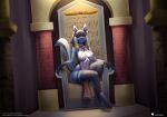  anthro blue_body blue_fur breasts canid chair clothing doomthewolf ear_piercing ear_ring female fur furniture generation_4_pokemon hair looking_at_viewer lucario mammal navel navel_piercing nintendo nubia_(vulfox) piercing pokemon pokemon_(species) red_eyes ring_piercing sitting solo throne 