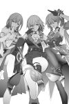  3girls absurdres asta_(honkai:_star_rail) boots bracelet closed_mouth coin dress foot_up from_below gloves greyscale guinaifen_(honkai:_star_rail) hair_between_eyes hair_ornament hand_on_own_hip hand_to_own_mouth high_heel_boots high_heels highres holding holding_coin honkai:_star_rail honkai_(series) id_card jewelry long_hair long_sleeves looking_at_viewer looking_down mole mole_on_thigh monochrome multiple_girls open_mouth pantyhose partially_fingerless_gloves shirt shoe_soles short_hair side_ponytail simple_background skirt smile standing standing_on_one_leg takai_isshiki topaz_(honkai:_star_rail) white_background 