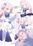  &gt;_&lt; 1girl absurdres applepie_1201 blue_archive blush capelet cellphone closed_mouth dress flower gun hair_bun hair_flower hair_ornament halo highres holding holding_gun holding_pen holding_phone holding_weapon long_hair mika_(blue_archive) multiple_views open_mouth pantyhose pen phone pink_hair pink_halo purple_flower simple_background single_side_bun smartphone translation_request weapon white_background white_capelet white_dress white_pantyhose yellow_eyes 
