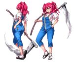  1girl adapted_costume alternate_costume blue_overalls blush breasts carrying_over_shoulder closed_mouth full_body hair_bobbles hair_ornament hand_in_pocket holding holding_scythe looking_at_viewer medium_breasts multiple_views okobo onozuka_komachi overalls pink_hair red_eyes red_hair scythe shimizu_pem shirt smile socks tabi touhou two_side_up white_shirt white_socks 