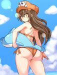  1girl ass ass_focus bare_shoulders bikini blue_sky blush breasts brown_hair closed_mouth cloud cougar_(cougar1404) dolphin from_behind guilty_gear guilty_gear_strive hair_between_eyes hat long_hair looking_at_viewer looking_back may_(guilty_gear) skull_and_crossbones sky small_breasts smile solo stuffed_animal stuffed_toy swimsuit wedgie yellow_eyes 