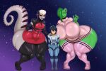  alien anthro bear ber00 big_breasts breasts clothed clothing female footwear fur green_body green_fur group hi_res high_heels huge_breasts human humanoid imminent_sex lizard male mammal reptile scalie shorter_male simple_background spacesuit surrounded taller_female thick_thighs trio ursine wide_hips 