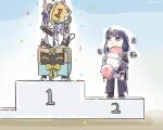  4girls animal_ears artist_name box cat_ears cat_feet chibi confetti dress fox fox_tail genshin_impact happy head_out_of_frame holding_trophy japanese_clothes kirara_(cat)_(genshin_impact) kirara_(genshin_impact) long_hair multiple_girls nekomata podium raiden_shogun sangonomiya_kokomi sulking tail xinzoruo yae_miko yae_miko_(fox) 