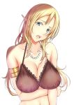  1girl arm_under_breasts armlet black_bra blonde_hair bra earrings elf green_eyes jewelry kuurunaitsu long_hair necklace nipples open_mouth original pearl_necklace pointy_ears see-through_bra solo teeth underwear underwear_only upper_teeth_only white_background 