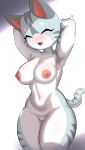  2023 :3 absurd_res anthro areola artist_name big_breasts blush blush_lines breasts cute_fangs digital_media_(artwork) domestic_cat eyes_closed felid feline felis female fur hairless hand_behind_head hi_res ice1368 light_theme lost_ark mammal navel nipples nude open_mouth pink_nipples raised_arm simple_background solo standing striped_body striped_fur stripes thick_thighs white_body white_fur 