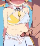  1boy 1girl bar_censor bare_shoulders blonde_hair blue_archive blue_background blush breasts censored cheerleader cleavage closed_mouth clothed_female_nude_male crop_top cum cum_on_body cum_on_clothes cum_on_stomach erection head_out_of_frame hetero highres kotori_(blue_archive) kotori_(cheer_squad)_(blue_archive) large_breasts navel nude osimder penis penis_on_stomach simple_background skirt solo_focus stomach testicles white_skirt 