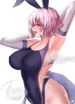  1girl :d animal_ears armpits black_one-piece_swimsuit breasts commentary_request competition_swimsuit covered_navel cowboy_shot elbow_gloves enmimontoria gloves highres large_breasts looking_at_viewer one-piece_swimsuit open_mouth pink_eyes pink_hair rabbit_ears saigyouji_yuyuko short_hair simple_background smile swimsuit touhou white_background white_gloves 