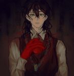  1boy black_background black_hair black_vest cynicism373 dark empty_eyes gloves green_eyes highres holding jewelry leonard_mitchell looking_at_viewer lord_of_the_mysteries medium_hair necklace pale_skin parted_lips red_gloves shirt solo vest white_shirt 