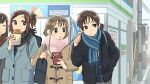  1boy 3girls black_jacket black_scarf blue_coat blue_scarf blush brown_coat brown_eyes brown_hair buttons cellphone closed_eyes coat convenience_store day dot_nose down_jacket earbuds earphones facing_another forehead grey_sky hand_in_pocket highres holding holding_phone jacket kojiro337 layered_clothes light_brown_hair listening_to_music long_bangs long_sleeves looking_to_the_side medium_hair multiple_girls original out_of_frame outdoors parted_bangs phone pink_scarf power_lines scarf sharing shop short_hair short_ponytail sidelocks signature sky smartphone sweatdrop upper_body utility_pole winter 