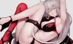  1girl ahoge arm_up armpits bangs bare_shoulders bikini black_bikini breasts choker cleavage collarbone fate/grand_order fate_(series) from_side grey_hair halterneck high_heels highres jeanne_d&#039;arc_alter_(fate) jeanne_d&#039;arc_alter_(swimsuit_berserker)_(fate) knees_up large_breasts long_hair looking_at_viewer o-ring o-ring_bikini red_thighhighs single_thighhigh solo sumi_(gfgf_045) swimsuit thigh_strap thighhighs thighs very_long_hair white_hair yellow_eyes 