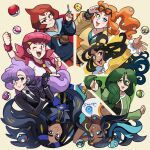  6+girls ahoge anabel_(pokemon) arezu_(pokemon) black_hair blue_eyes blue_hair cheryl_(pokemon) color_wheel_challenge colored_skin cowboy_shot dahlia_(pokemon) dark-skinned_female dark_skin dive_ball dress earpiece earrings friend_ball geeta_(pokemon) glasses gloves great_ball green_eyes green_hair hair_ornament highres jewelry love_ball loveycloud master_ball multiple_drawing_challenge multiple_girls nail_polish necktie nessa_(pokemon) non-web_source orange_hair pink_eyes pink_hair poke_ball pokemon ponytail purple_eyes purple_hair red_eyes red_hair repeat_ball scissors shirt sonia_(pokemon) suit swimsuit ultra_ball white_skin whitney_(pokemon) wristband 