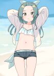  1girl arm_behind_head arms_up beach bikini blue_bikini blue_hair blush closed_mouth collarbone commentary_request flat_chest green_eyes hair_ribbon jacket kantai_collection long_hair long_sleeves looking_at_viewer nassukun navel ocean official_alternate_costume open_clothes open_jacket paid_reward_available ribbon short_shorts shorts solo suzunami_(kancolle) swimsuit white_jacket 