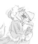 2023 alice_the_vixen anthro anton_petrov blush canid canine clothing digital_media_(artwork) duo embrace eye_contact eyewear female fox fur_collar glasses gloves greyscale handwear hi_res hug human looking_at_another male mammal monochrome open_mouth open_smile round_glasses sketch smile tiny_bunny ydvavofi young young_male 
