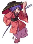  1girl :d absurdres ahoge barefoot black_sash bowl bowl_hat commentary eddybird55555 full_body hand_on_headwear hat highres japanese_clothes kimono long_sleeves mini_person minigirl needle needle_sword obi open_mouth purple_eyes red_eyes red_kimono sash short_hair simple_background smile solo sukuna_shinmyoumaru touhou white_background wide_sleeves 