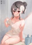  1girl black_hair blush breasts cleavage collarbone covered_navel grey_hair hair_between_eyes hair_ornament hololive large_breasts looking_at_viewer medium_hair mr.canaryy multicolored_hair naked_towel open_mouth red_eyes sakamata_chloe see-through sitting solo streaked_hair towel virtual_youtuber wet x_hair_ornament 