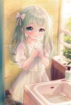  1girl absurdres aged_down bow cecilia_(shiro_seijo_to_kuro_bokushi) child cross cross_necklace crying dress green_bow green_eyes green_hair highres jewelry kinoshita_ringo_(ryve5758) necklace restroom shiro_seijo_to_kuro_bokushi solo sunlight tearing_up twintails white_dress 