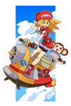  1girl :d belt bike_shorts bike_shorts_under_shorts blonde_hair brown_gloves cabbie_hat cloud cloudy_sky data_(mega_man) full_body gloves green_eyes handlebar hat highres hover_scooter hover_vehicle jacket jumpsuit long_hair looking_down mega_man_(series) mega_man_legends mega_man_legends_3 monkey open_mouth red_headwear red_jumpsuit red_shorts roll_caskett_(mega_man) short_sleeves shorts sky smile zu_mame 