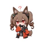  1girl ? angelina_(endfield)_(arknights) animal_ears arknights arknights:_endfield black_gloves blush chibi coat covering_mouth fox_ears fox_girl fox_tail gloves long_hair long_sleeves lxjun_09 open_clothes open_coat orange_coat red_eyes simple_background solo tail twintails upper_body white_background 