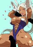  1girl 3boys abs absurdres animal_ears armpits arms_up bare_legs bare_shoulders blue_leotard blush boku_no_hero_academia breasts child_flame cleavage cross-laced_leotard dark-skinned_female dark_skin disembodied_penis gloves grin heart highres large_breasts leotard light_blue_background long_eyelashes long_hair looking_at_viewer mirko multiple_boys multiple_penises muscular muscular_female parted_bangs penis playboy_bunny ponytail rabbit_ears rabbit_girl rabbit_pose red_eyes shiny_skin smile spread_legs squatting strapless strapless_leotard sweat thick_thighs thighs tongue tongue_out very_long_hair white_gloves white_hair 