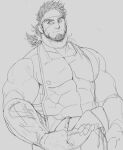  1boy apron bad_id bad_twitter_id bara bare_shoulders beard covered_nipples cowboy_shot driedwarek facial_hair fire forehead_protector greyscale large_pectorals looking_to_the_side low_ponytail male_focus mature_male monochrome muscular muscular_male pectorals pyrokinesis sandayu_(housamo) scar scar_on_cheek scar_on_face see-through sideways_glance sketch solo thick_eyebrows tokyo_afterschool_summoners traditional_media 