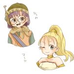  2girls :d bare_shoulders blonde_hair blue_eyes breasts chrono_trigger closed_mouth glasses helmet long_hair looking_at_viewer lucca_ashtear marle_(chrono_trigger) multiple_girls one_eye_closed open_mouth ponytail purple_hair scarf short_hair simple_background smile white_background 