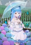  1girl absurdres ameki_(virtuareal) animal atsuishio bare_shoulders blue_eyes blue_flower blue_hair breasts brown_eyes bug butterfly butterfly_hair_ornament cleavage closed_mouth cloud cloudy_sky commentary_request day detached_sleeves dress flower gradient_hair hair_ornament hairclip highres holding holding_umbrella hydrangea layered_sleeves long_sleeves looking_at_viewer medium_breasts multicolored_hair nijisanji outdoors pink_flower puffy_short_sleeves puffy_sleeves purple_flower purple_hair rain see-through see-through_sleeves short_over_long_sleeves short_sleeves sky smile solo transparent transparent_umbrella umbrella virtual_youtuber virtuareal white_dress white_sleeves 