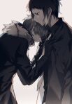  2boys akat42273008 akutagawa_ryuunosuke_(bungou_stray_dogs) bungou_stray_dogs closed_mouth collared_shirt cowboy_shot crying fur-trimmed_jacket fur_trim gloves greyscale hands_on_another&#039;s_chest highres jacket male_focus monochrome multicolored_hair multiple_boys nakajima_atsushi_(bungou_stray_dogs) necktie profile shirt short_hair simple_background standing two-tone_hair 