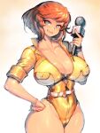  1girl april_o&#039;neil belt black_bra bodysuit bra breasts brown_hair cameltoe cleavage covered_nipples fumio_(rsqkr) groin hand_on_own_hip highres holding holding_microphone huge_breasts leotard microphone navel nipples smile solo teenage_mutant_ninja_turtles thick_thighs thighs underwear wide_hips yellow_leotard 