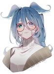  1girl aqua_eyes blue_hair blue_wings blush elira_pendora elira_pendora_(3rd_costume) glasses grey_eyes hair_between_eyes head_wings heterochromia high_ponytail highres long_hair multicolored_hair nijisanji nijisanji_en nrnmarie official_alternate_costume ponytail round_eyewear solo sweater virtual_youtuber white_hair white_sweater wings 